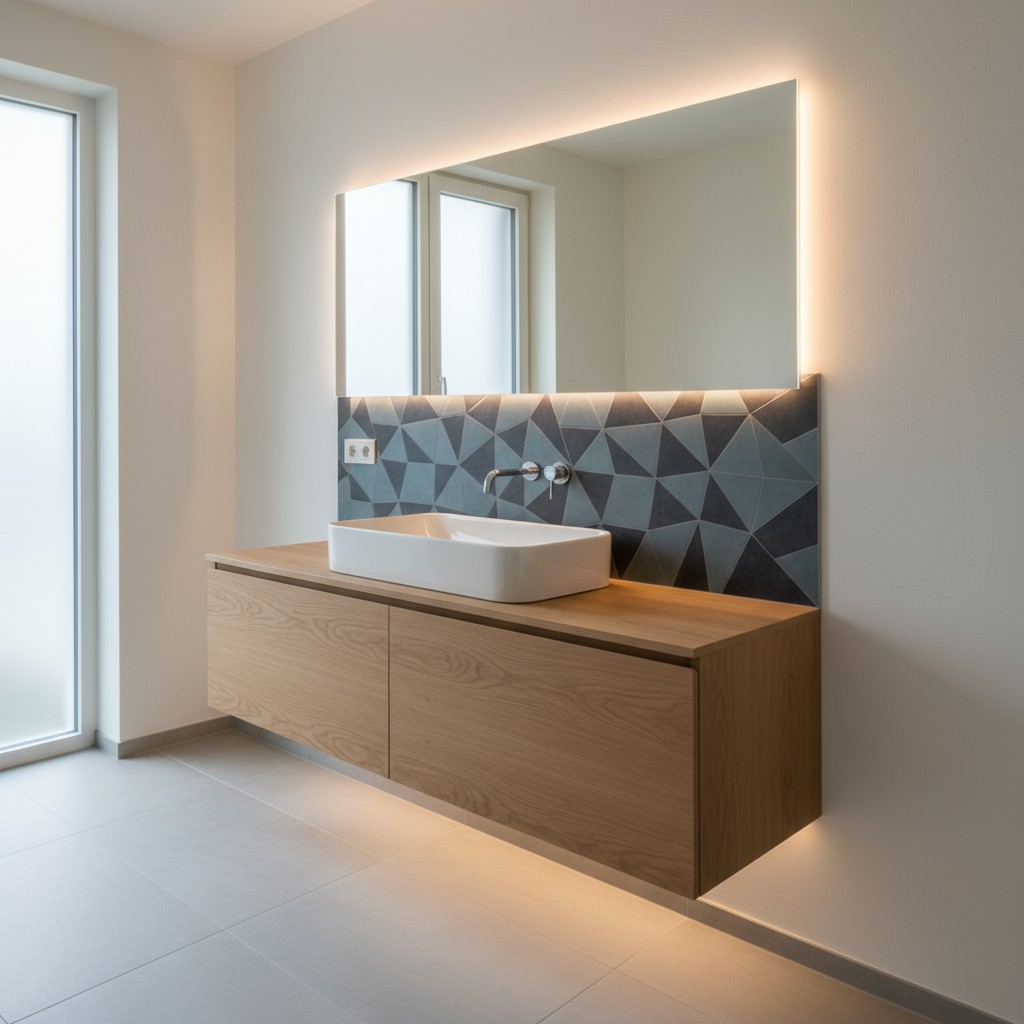 A bright modern bathroom sink in a rectangular white ceramic sink set on a wide wooden counter top with geometric wall til...