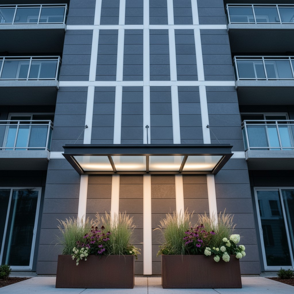 Contemporary apartment building with large pots outside the entrance.