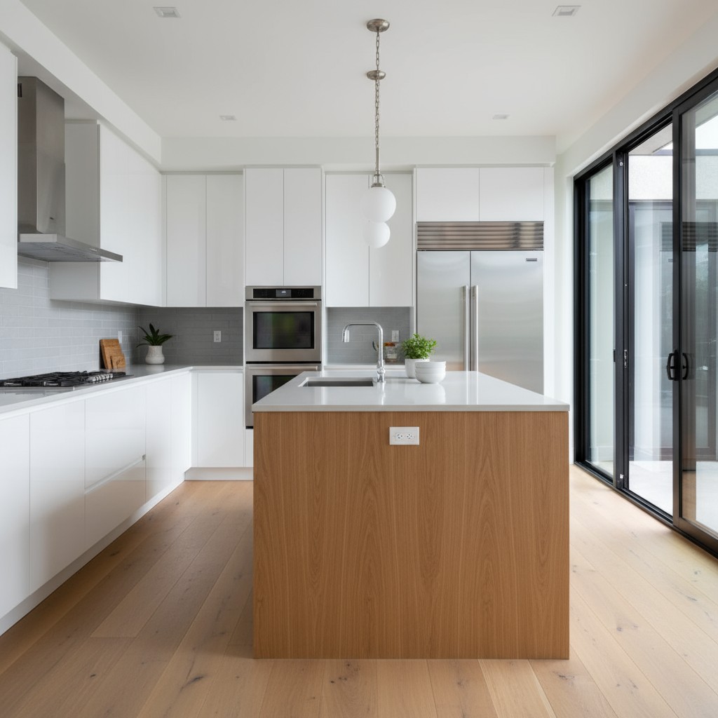 A modern, white kitchen with a wooden island.