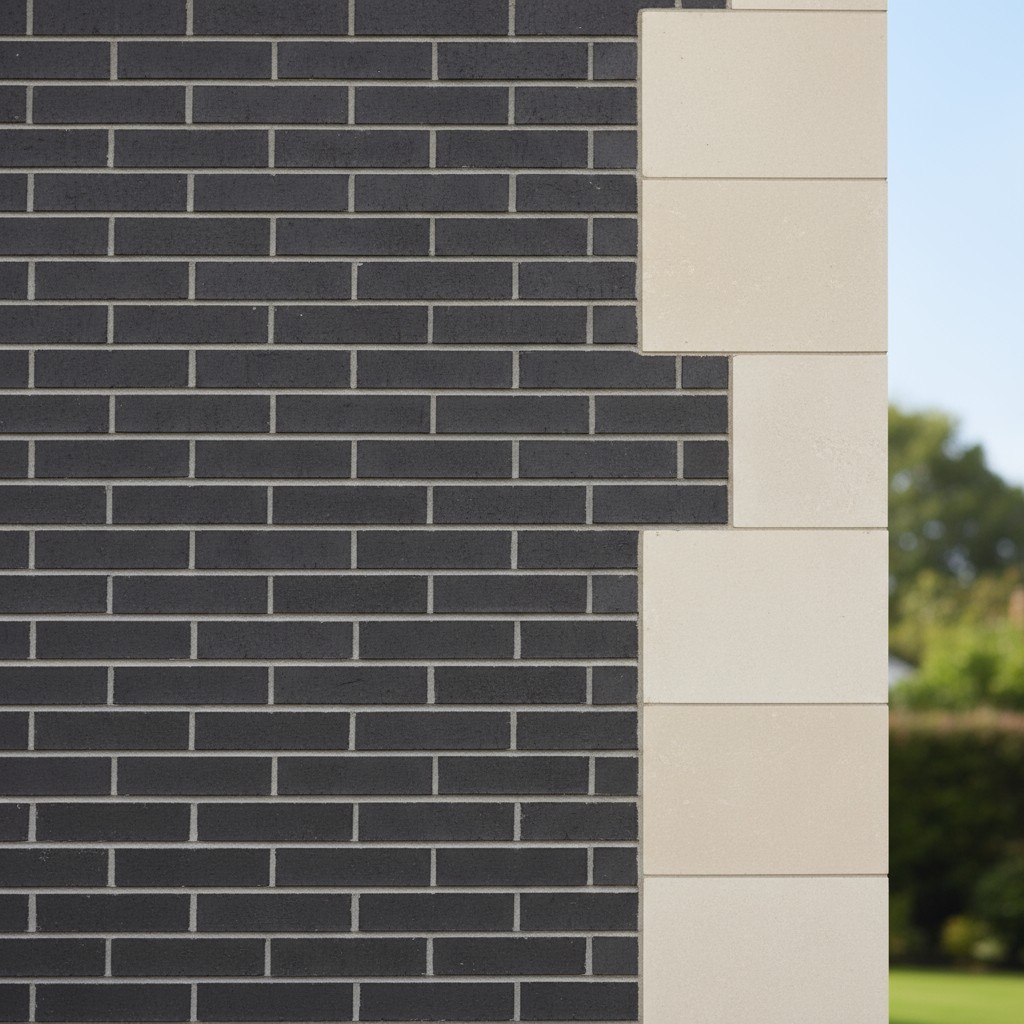 The image displays a section of a brick building, mostly consisting of black bricks, with a highlight made of tan bricks n...